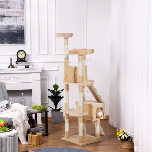 PawHut 67-inch Multi-Level Cat Scratching Tree Kitty Activity Center Post Tower Condo Pet Furniture w/ Toy Beige