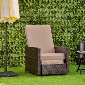 Outsunny Rattan Recliner Sofa with 360° Swivel, Outdoor Wicker Lounge Chair with Footrest & Soft Cushion for Patio, Garden, Backyard, Khaki and Brown