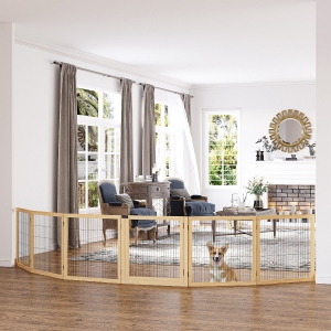 PawHut Wooden Pet Gate, Dog Safety Barrier, Freestanding Foldable Fence, w/ 6 Panels, 2 Support Feet, for House Doorway Stairs, Small & Medium Dogs, Natural Wood