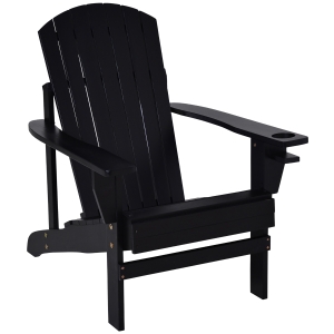 Outsunny Oversized Adirondack Chair, Outdoor Fire Pit and Porch Seating, Classic Log Lounge w/ Built-in Cupholder for Patio, Backyard, Garden, Lawn, Deck, Black