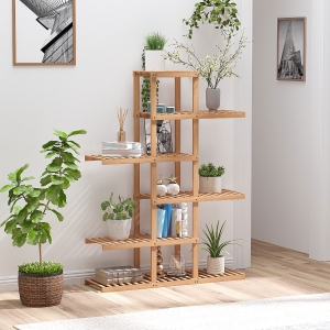 HOMCOM 6-Tiers Slatted Bamboo Shelf Display Shelf Storage Rack Standing Shelf Natural Color Large Capacity