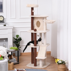 PawHut Cat tree Tower Climbing Kitten Activity Center Furniture with Sisal Scratching Post Pad Condo Perch Hanging Balls Hammock 25.5" x 22" x 67.75" Beige