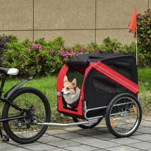 Aosom Dog Bike Trailer Pet Cart Bicycle Wagon Cargo Carrier Attachment for Travel with 3 Entrances Large Wheels for Off-Road & Mesh Screen - Red/ Black