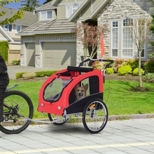PawHut 2-in-1 Pet Jogging Stroller Dog Cat Bike Bicycle Trailer Carrier w/ Drawbar Hitch Brake Black / Red