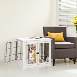 PawHut 26'' Wooden Decorative Dog Cage Pet Crate Kennel with Double Door Entrance & a Simple Modern Design, White