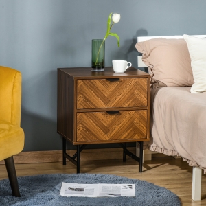 HOMCOM Drawer Cabinet, Storage Organizer with 2 Drawers, Hidden Handle for Bedroom, Living Room, Herringbone Pattern, Walnut Brown