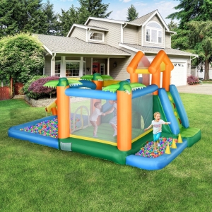 Outsunny Large Bounce House w/ Inflatable Water Slide, Summer Theme Jumping Castle w/ Trampoline, Water Pool, Climbing Wall, 450W Air Blower for Kids Age 3-8