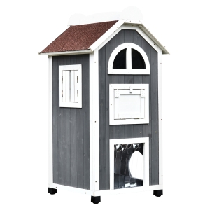 PawHut Solid Wood Cat Condo - Natural Water Proof Outdoor 2-Floor Pet Shelter