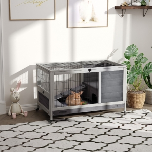PawHut Wooden Indoor Rabbit Hutch Elevated Cage Habitat with Enclosed Run with Wheels, Ideal for Rabbits and Guinea Pigs, Grey