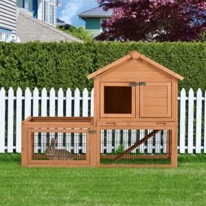 PawHut Wood Rabbit Hutch Bunny Small Animal House w/ Outdoor Run Portable Backyard Wooden with Outdoor Run