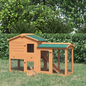 PawHut Two-Level Rabbit Hutch Small Animal House Pet Bunny Cage Home w/ Outdoor Run Water & UV Resistant Roof Access Ramp Natural Finish Guinea Pig Bunny Hamster Habitat