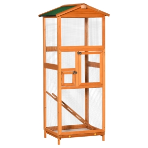 PawHut 65" Wooden Bird Cages Outdoor Finches Aviary Birdcage with Pull Out Tray 2 Doors, Orange