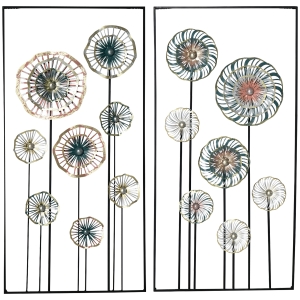 HOMCOM 3D Metal Wall Art Set of 2 Modern Flower Hanging Wall Sculpture Home Decor, 16"x32"x2, Blue Silver Gold