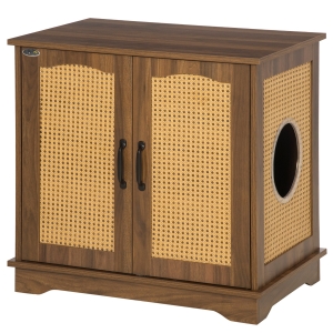 PawHut Hidden Litter Box Enclosure, Cat Washroom Furniture with Cushion Double Doors Wooden Pet House End Table, Walnut