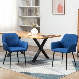 HOMCOM Dining Chairs Set of 2, Upholstered Linen Fabric Accent Chairs with Metal Legs, Dark Blue