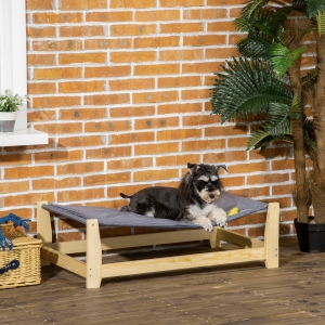 PawHut Raised Pet Bed Wooden Dog Cot with Cushion for Small Medium Sized Dogs Indoor Outdoor, 35.5" x 19.75" x 11"