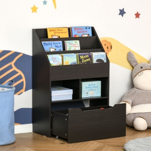 HOMCOM Kids Bookcase Multi-Shelf Rack Organizer with Storage Drawer for Books for Reading Nook, Classroom, Bedroom, Playroom, Brown
