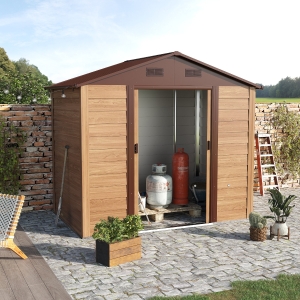 Outsunny 6.5' x 7.5' Outdoor Metal Garden Shed House Hut Gardening Tool Storage with Ventilation, Brown With Wood Grain