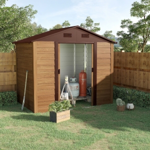 Outsunny 6.5' x 7.5' Outdoor Metal Garden Shed House Hut Gardening Tool Storage with Ventilation, Brown With Wood Grain