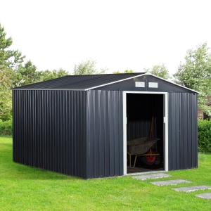 Outsunny 11' x 9' Metal Storage Shed Garden Tool House with Double Sliding Doors, 4 Air Vents for Backyard, Patio, Lawn Dark Grey