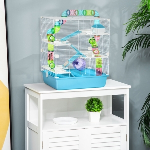 PawHut 23" Large Hamster Cage, Small Animal House, 5-Level Gerbil Haven, Tunnel Tube System, with Water Bottle, Exercise Wheel, Food Dish, Ramps, 2 Doors, Light Blue