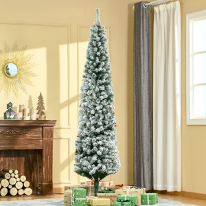 HOMCOM 7.5ft Snow Flocked Pencil Christmas Tree, Hinged Artificial Slim Xmas Tree with 738 Branch Tips, Folding Metal Stand, Green
