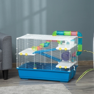 PawHut 31" Large Hamster Cage, Small Animal House, Multi-storey Gerbil Haven, Tunnel Tube System, with Water Bottle, Exercise Wheel, Food Dish, Ramps, Blue