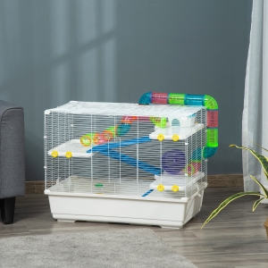 PawHut 31" Large Hamster Cage, Small Animal House, Multi-storey Gerbil Haven, Tunnel Tube System, with Water Bottle, Exercise Wheel, Food Dish, Ramps, White