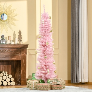 HOMCOM 6/7' Pencil Christmas Tree, Slim Artificial Xmas Tree with Realistic Branches, Sturdy Metal Stand, Pink