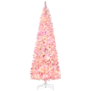 HOMCOM 6/7.5 Foot Prelit Snow Flocked Artificial Christmas Tree with Pencil Shape, Pine Realistic Branches, Warm White LED lights, Auto Open, Pink and White
