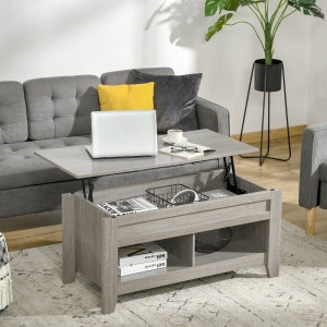 HOMCOM Lift Top Coffee Table with Hidden Storage Compartment and Open Shelves, Lift Tabletop Pop-Up Center Table for Living Room, Light Grey
