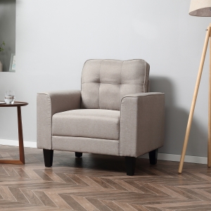 HOMCOM Button Tufted Armchair Modern Single Sofa Chair Upholstered Accent Chair with Rubber Wood Legs and Thick Padding Mid-Back for Living Room and Bedroom, Beige