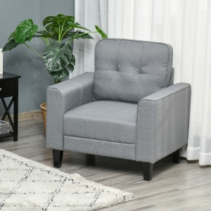 HOMCOM Button Tufted Armchair Modern Single Sofa Chair Upholstered Accent Chair with Rubber Wood Legs and Thick Padding Mid-Back for Living Room and Bedroom, Grey