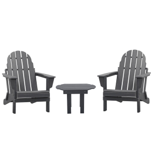 Outsunny 3 Piece Patio Furniture Set, 2 Folding Adirondack Chairs with Side Table for Backyard, Lawn, Deck, Garden, All Weather Plastic Lounger Fire Pit Seating, Dark Grey