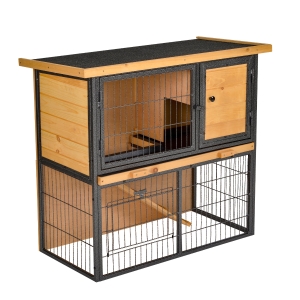 PawHut Outdoor Rabbit Cage Elevated Pet House w/ Slide-Out Tray, Natural Wood & Black