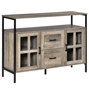 HOMCOM Rustic Kitchen Sideboard, Serving Buffet Cabinet with Adjustable Shelves, Glass Doors, and 2 Drawers for Living Room, Grey
