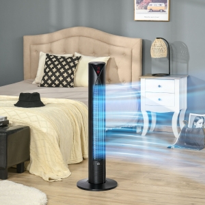 HOMCOM Freestanding Tower Fan Cooling for Home Bedroom with 3 Speed, 12h Timer, Oscillating, LED Sensor Panel, Remote Controller, Black