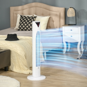 HOMCOM Freestanding Tower Fan Cooling for Home Bedroom with 3 Speed, 12h Timer, Oscillating, LED Sensor Panel, Remote Controller, White