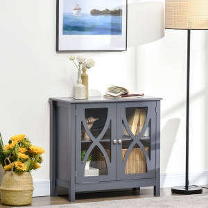 HOMCOM Kitchen Sideboard, Glass Door Buffet Cabinet, Accent Cupboard with Adjustable Storage Shelf for Dining Room, Living Room, Grey