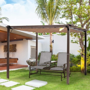 Outsunny 10' x 10' Aluminium Outdoor Pergola Gazebo Backyard Canopy Cover Square Sunshade Garden Grape Trellis Coffee