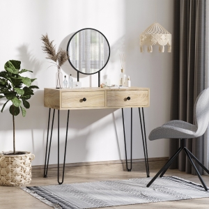 HOMCOM Vanity Table, Makeup Vanity Desk with Round Mirror, 2 Drawers, Modern Dressing Table for Bedroom, Oak
