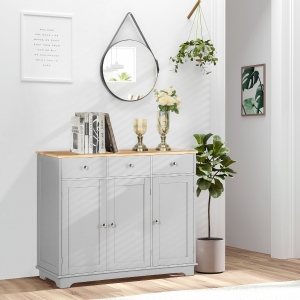 HOMCOM Modern Sideboard with Rubberwood Top, Buffet Cabinet with Storage Cabinets, Drawers and Adjustable Shelves for Living Room, Kitchen, Grey