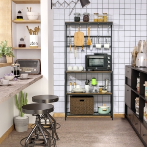 HOMCOM Industrial 4-Tier Baker's Rack with Storage Shelves, Microwave Stand with Wire Grid and Hanging Hooks, Kitchen Storage Organizer with Adjustable Feet, Rustic Brown