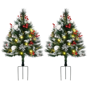 HOMCOM 2ft 2 Pack Prelit Artificial Christmas Trees, Cordless with 70 Branches, Warm White LED lights, Red Berries, Pine Cones, Balls, for Outdoor Entryway, Green