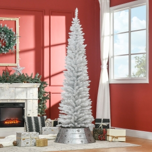 HOMCOM 7' Pencil Christmas Tree, Slim Artificial Xmas Tree with Realistic Branches, Sturdy Metal Stand, White