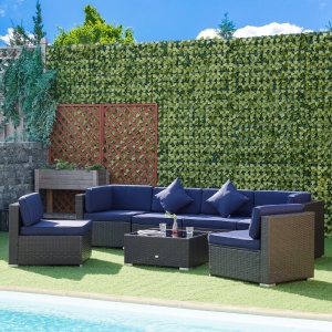 Outsunny 7pc Garden Wicker Sectional Set w/ Tea Table Patio Rattan Lounge Sofa with Cushion Outdoor Deck Furniture All Weather Coffee and Dark Blue