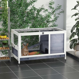 PawHut Wooden Indoor Rabbit Hutch Elevated Cage Habitat with Enclosed Run with Wheels, Ideal for Rabbits and Guinea Pigs, White