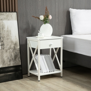 HOMCOM Modern Nightstand, Bedside Table with Drawer and Shelf, Side End Table with Steel Frame for Living Room, Bedroom, White