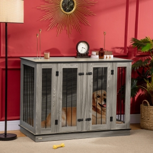 PawHut Dog Crate Furniture with Divider Panel, Dog Kennel End Table for Large Dogs, Decorative Pet House with Two Rooms Design, for 2 Small Dogs with 2 Front Doors, 47.25" x 23.5" x 34.75"