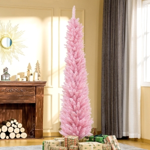 HOMCOM 6/7' Pencil Christmas Tree, Slim Artificial Xmas Tree with Realistic Branches, Sturdy Metal Stand, Pink